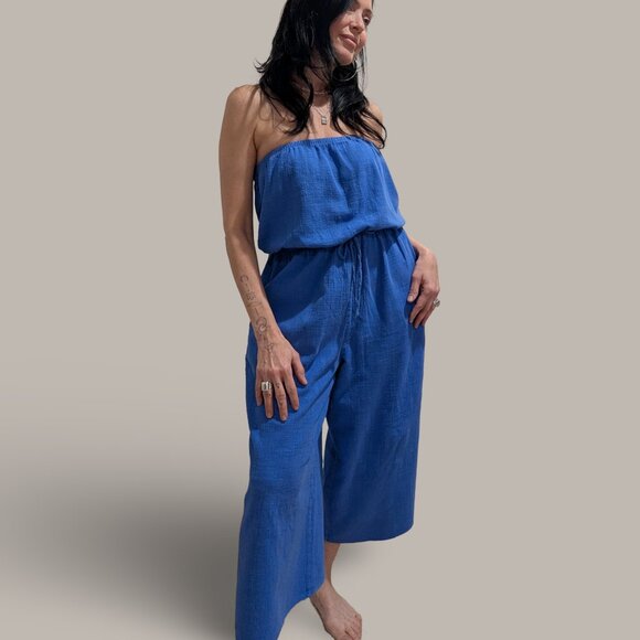Aerie Royal Blue Gauzy Strapless Jumpsuit with Pockets - Medium - Picture 1 of 10